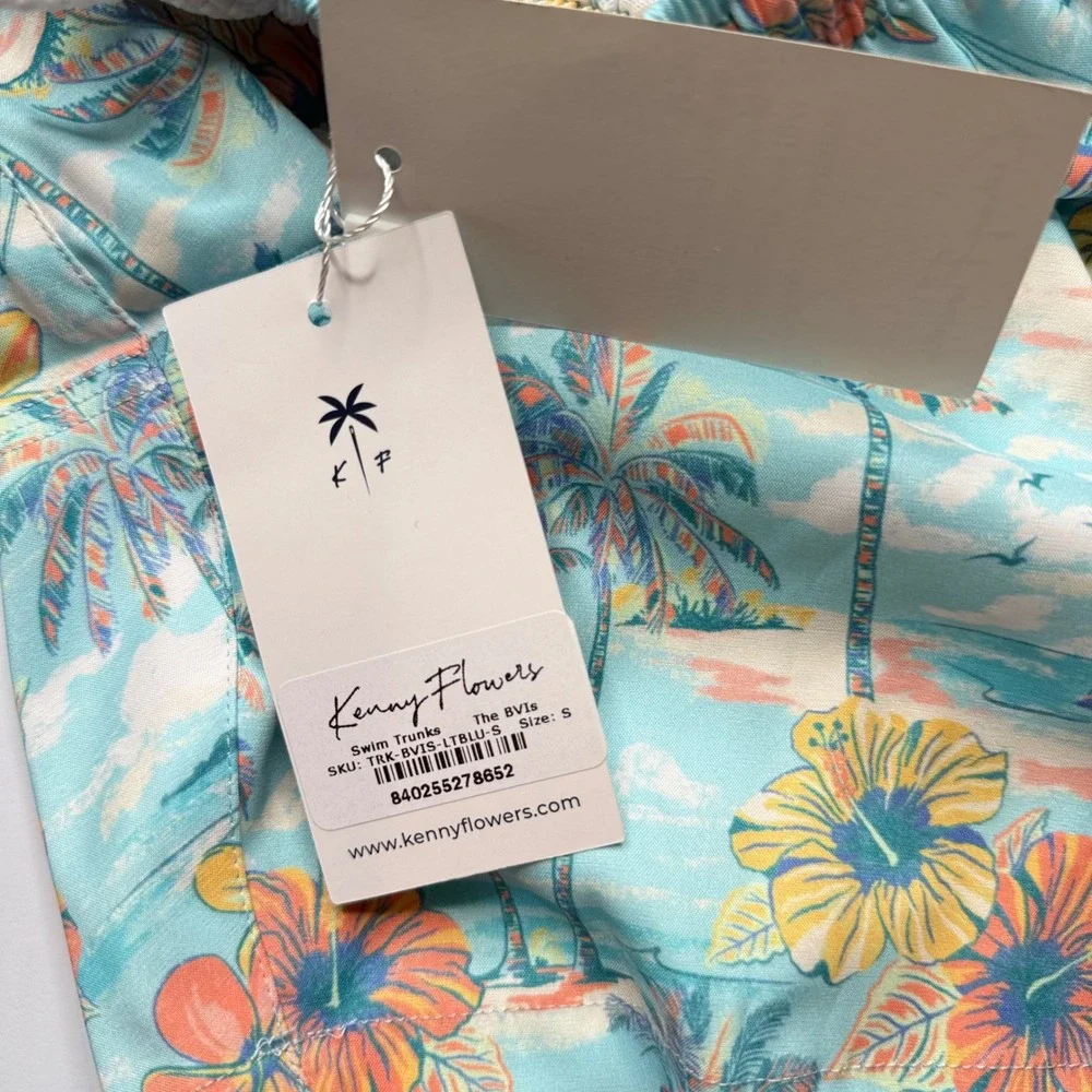 Kenny Flowers The BVIs Swim Trunks Men Small Light Blue Tropical Sailboat NEW